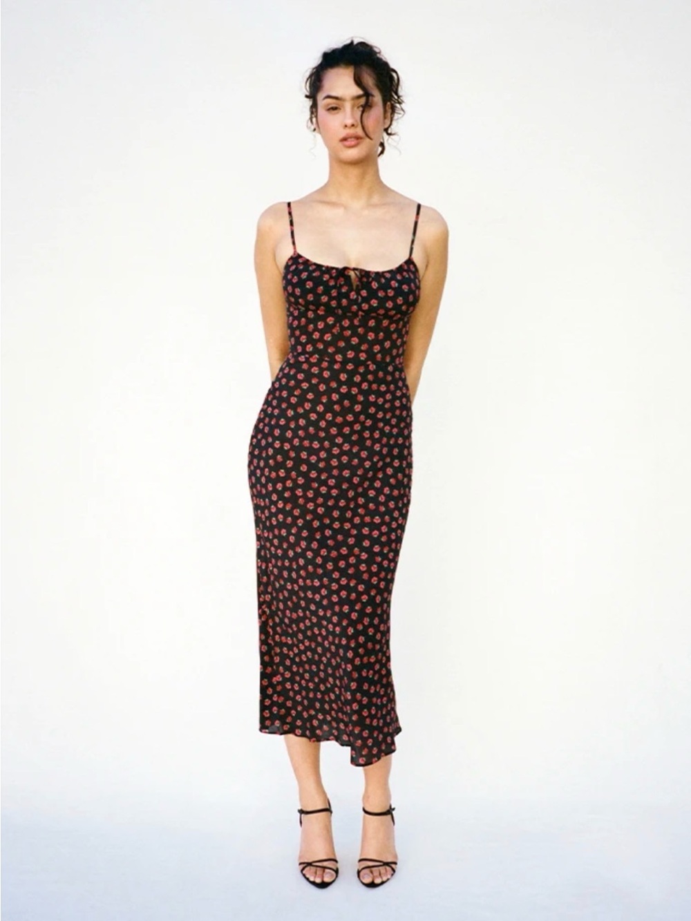 NWT Black Floral Slip Midi Dress with Red Rose Print SIZE XL